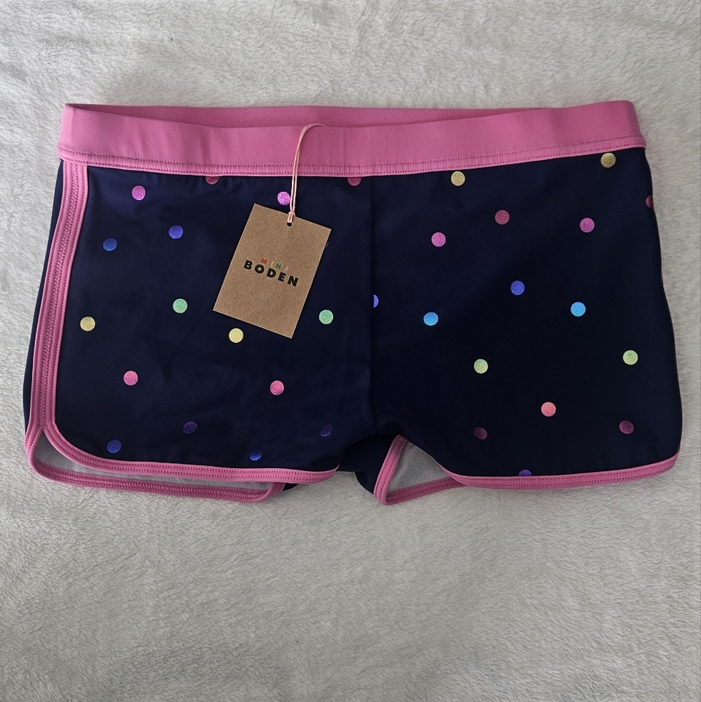 Mini Boden Metallic Polka Dot Pink and Navy Swim Shorts NWT Size 11-12 Years